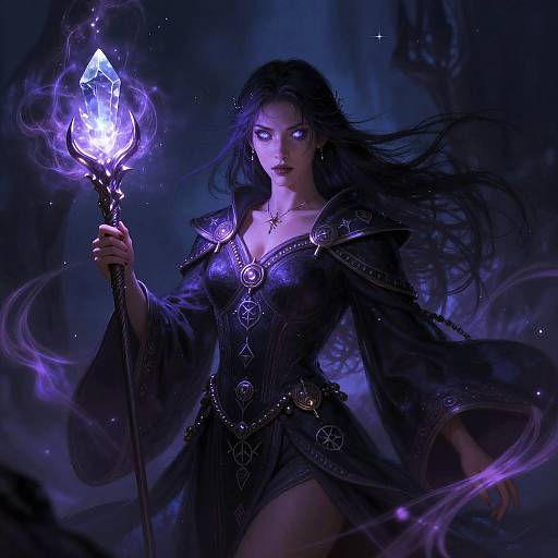 Digital fantasy artwork of a mysterious, dark-haired woman with glowing blue eyes, holding a glowing staff, wearing a black ornate dress, in a blue