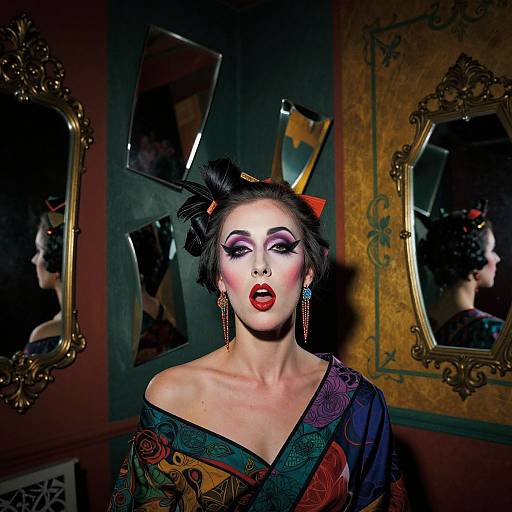 Photograph of a dramatic, pale-skinned woman with bold red lipstick, intricate black hair updo, colorful patterned kimono, and dangling earrings