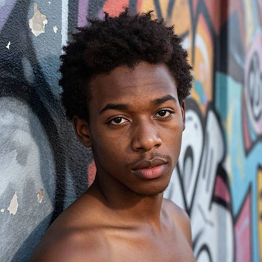 Photograph of a young Black man with short, curly hair and a serious expression, standing against a colorful, graffiti-covered wall. Shirtless, with