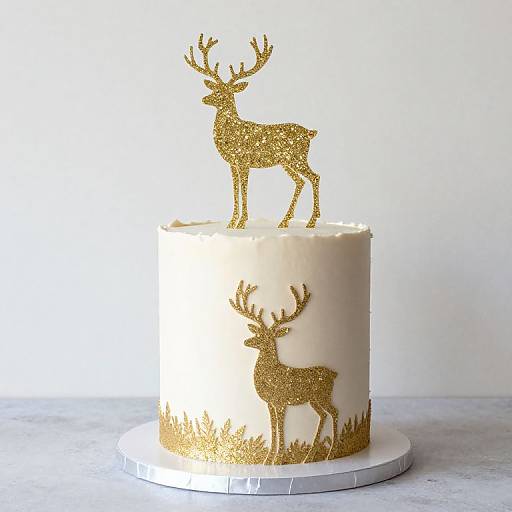 Photograph of a white cylindrical cake with gold glitter deer silhouettes, one standing on top and another on the side.