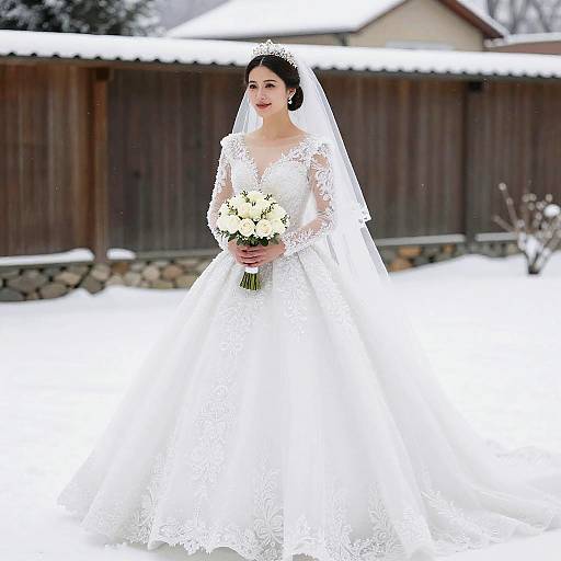 Bride in White Wedding Dress in Snow