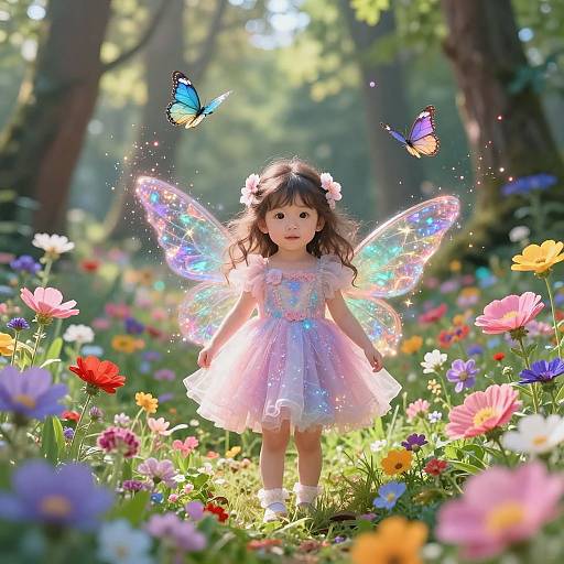 Photograph of a cute, young girl with sparkly, iridescent fairy wings, wearing a pink dress, standing in a sunlit forest me