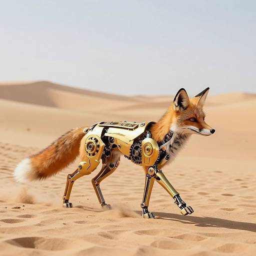 Digital artwork of a robotic fox with yellow mechanical joints, orange fur, and black ears, walking in a sandy desert.