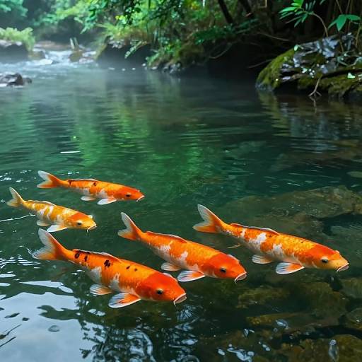 Photograph of six vibrant orange koi fish with black spots swimming in a clear, green-tinged forest stream, surrounded by lush, leafy
