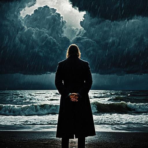 Man Standing Under Stormy Sky at Ocean Shore