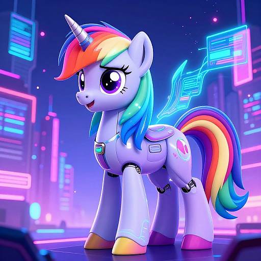 Digital illustration of a cybernetic, white unicorn with a rainbow mane and tail, neon city background, glowing neon signs, and large purple eyes.