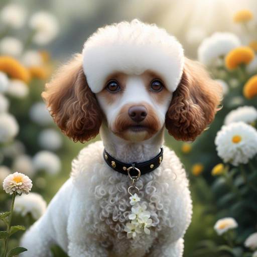 Realistic Poodle in Nature with Flowers
