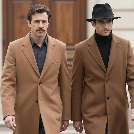Two Men in Brown Coats by Door