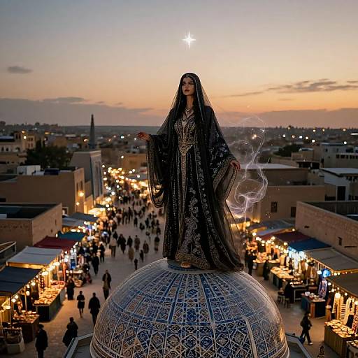 Enigmatic Sorceress Over Dusk Bazaar