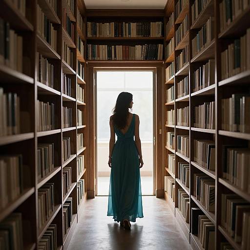Photograph of a woman with long hair, wearing a sleeveless teal dress, standing in a dimly lit library aisle, walking towards a bright doorway