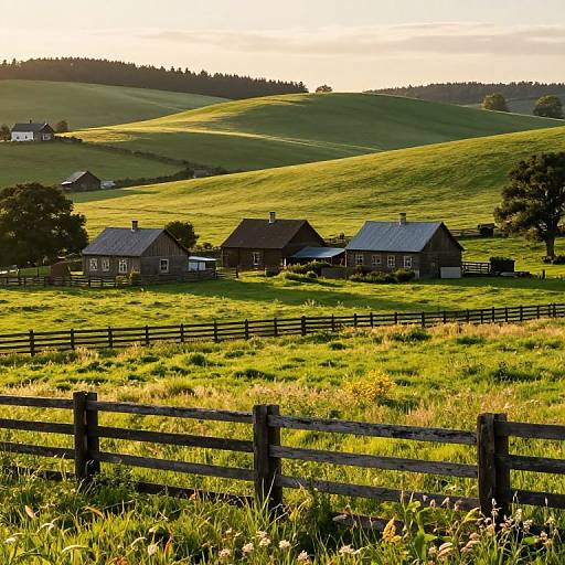 Photograph of a picturesque rural landscape at sunset, featuring three dark wooden houses with metal roofs, surrounded by rolling green hills, a wooden fence, and