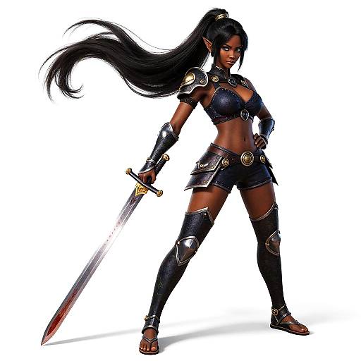 Digital illustration of a muscular, dark-skinned female warrior with long black hair, wearing dark armor and holding a blood-stained sword. She stands confidently
