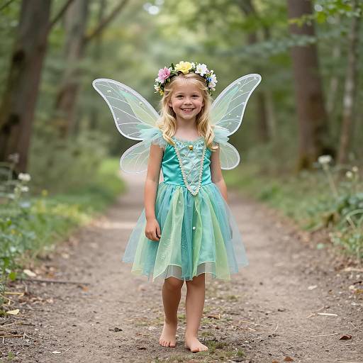 Smiling Girl in Tooth Fairy Costume in Forest