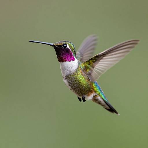 Photograph of a vibrant hummingbird with iridescent green, purple, and white feathers, wings blurred in mid-flight against a soft green background.