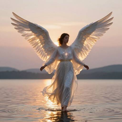 Photograph of a woman with glowing angel wings, wearing a sparkling white dress, walking on calm water at sunset.
