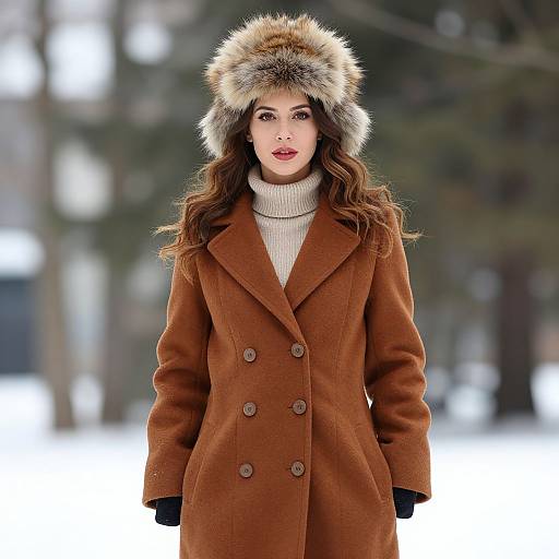 Photograph of a woman with long wavy brown hair, wearing a brown wool coat, fur-trimmed hat, white turtleneck, and