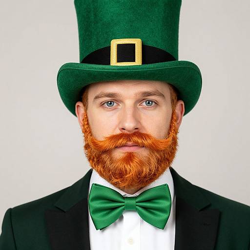 Photograph of a fair-skinned man with bright blue eyes, red beard, green top hat, green bow tie, and black suit, against a