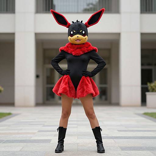 Photograph of a person in a black and red Pokémon-inspired costume, featuring a Riolu mask, red fur collar, and skirt, standing confidently