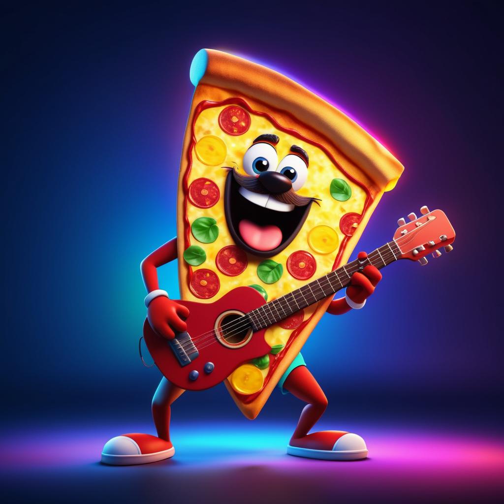 Playful Pizza Slice jamming on Guitar