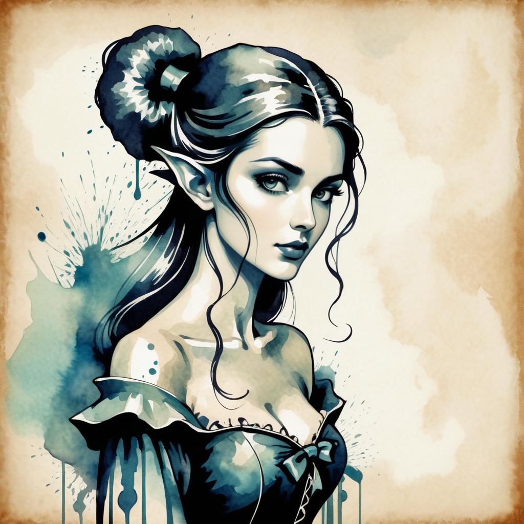 Elegant Elf Woman in Vintage Ink Illustration