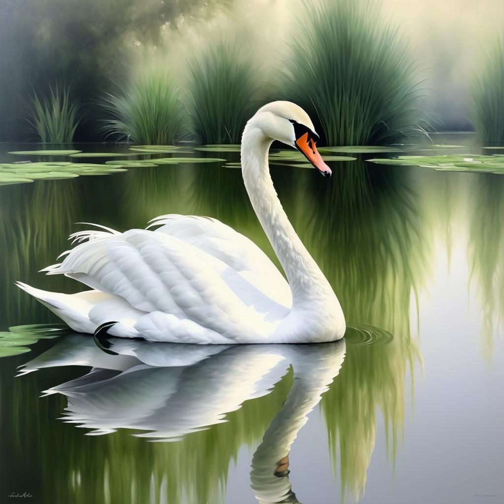 Majestic Swan in Muted Pond Reflections