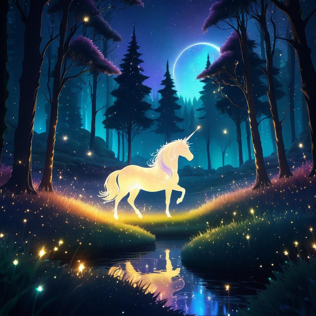 Enchanted Unicorn Dancing in Moonlit Forest