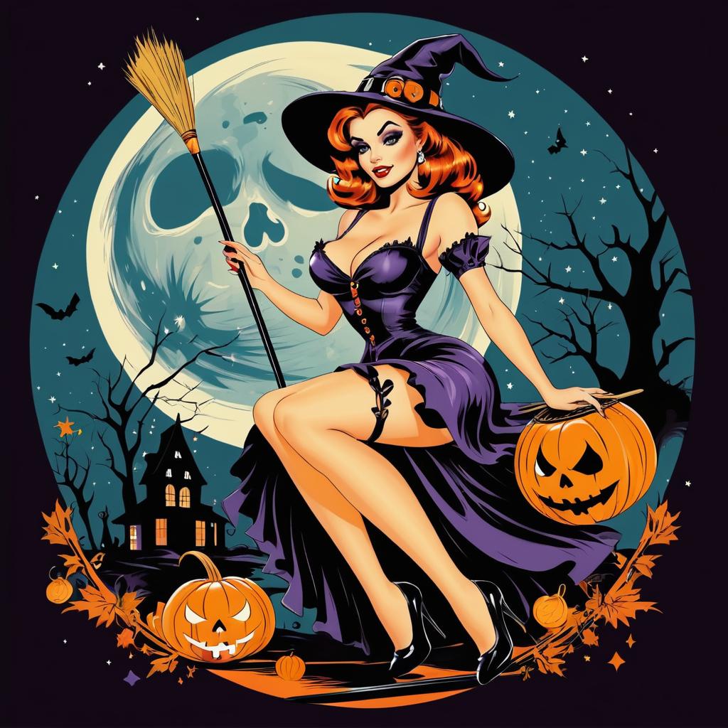 Vintage Halloween Pin-Up Witch Illustration