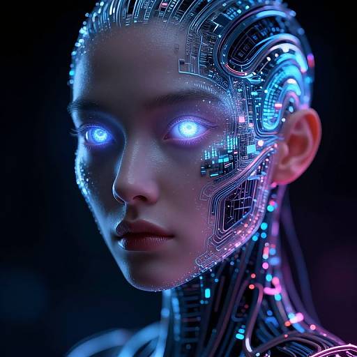 Cybernetic portrait of a woman with glowing blue eyes, intricate circuitry integrated into her face and hair, against a dark background. Digital art