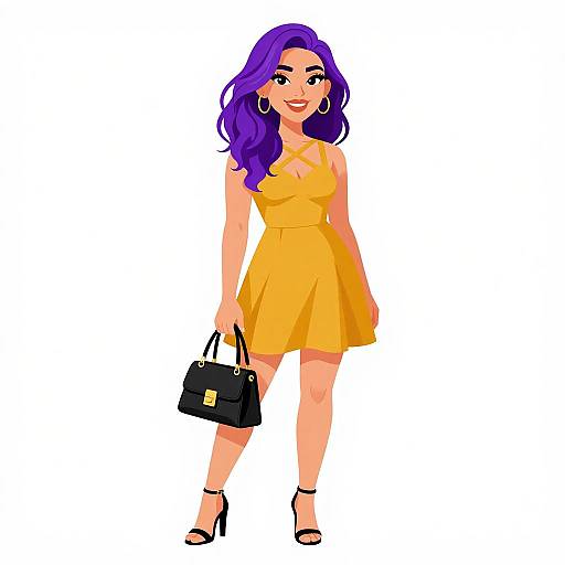 Digital illustration of a smiling woman with purple hair, wearing a yellow dress, black heels, and holding a black handbag.