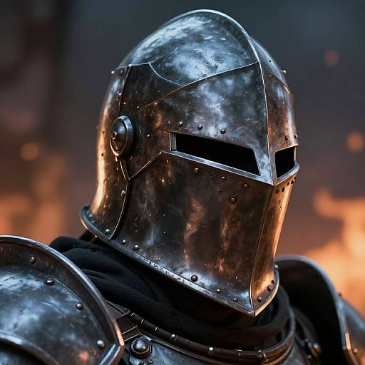 Photograph of a shiny, metallic knight's helmet with narrow eye slits, reflecting light, against a blurred background of warm, glowing embers.
