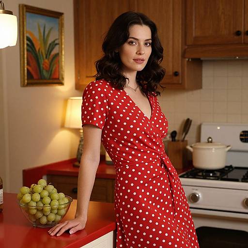 Photograph of a brunette woman with wavy hair, wearing a red polka dot dress, leaning on a kitchen counter with a green grape bowl,