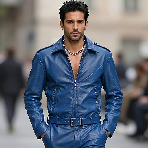 Realistic Male in Blue Leather Outfit