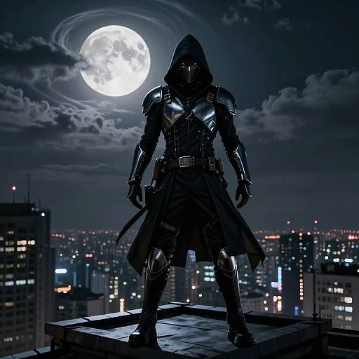 Silhouetted armored figure with hooded mask stands on rooftop under bright full moon, cityscape with lit buildings in background. Digital art.