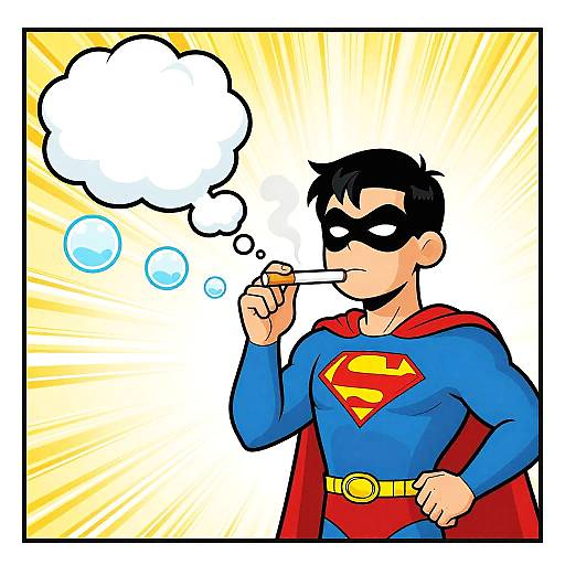 Cartoon-style drawing of Superman with black mask, blue suit, red cape, and yellow 