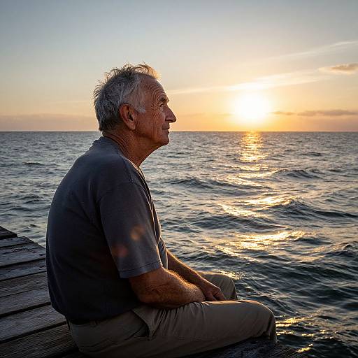 Photograph of an elderly man with gray hair, wearing a gray shirt and beige pants, sitting on a wooden dock at sunset, watching the sun set