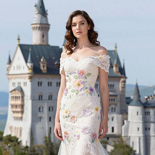 Photograph of a brunette woman with wavy hair in an off-shoulder, floral lace wedding dress standing in front of a fairytale castle