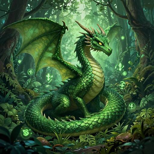 Digital fantasy artwork of a glowing green dragon with yellow-green wings, sitting in a dense, enchanted forest illuminated by magical green fireflies.