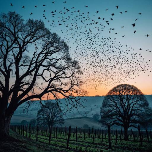 Murmuration of Starlings over French Vineyard at Dawn