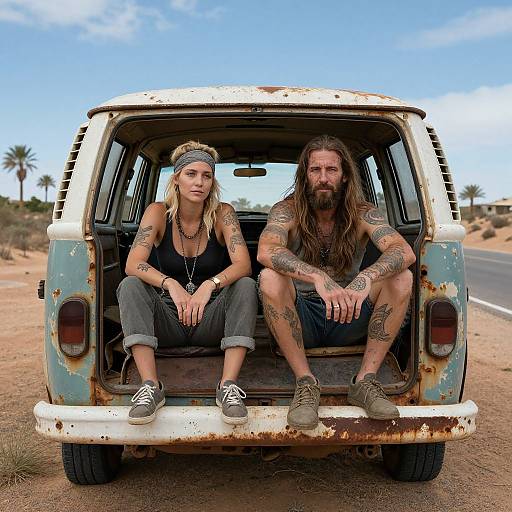 Photograph: Tattooed, long-haired man and blonde woman in black tank tops, rolled jeans, sitting in rusted van's open back, desert