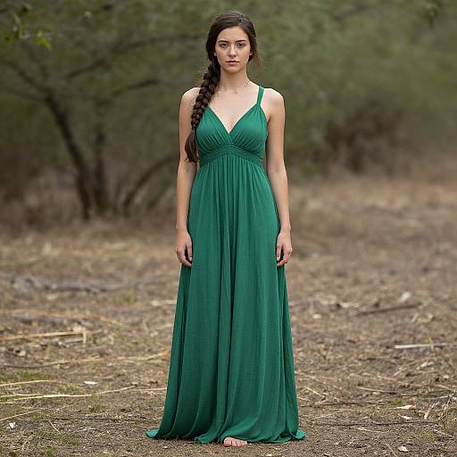 Photograph of a young woman with long braided hair wearing a sleeveless, emerald green, floor-length gown, standing on a dirt path in