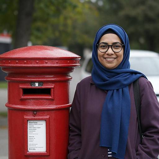 Smiling Woman in Blue Hijab Beside Postbox