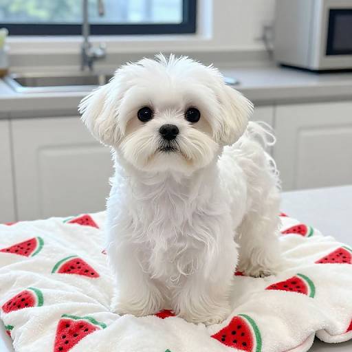 Photograph of a fluffy white puppy with black eyes standing on a watermelon-patterned blanket in a bright, modern kitchen.