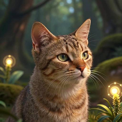 Photograph of a tabby cat with green eyes, alert and gazing upwards, surrounded by glowing fairy lights in a lush forest.