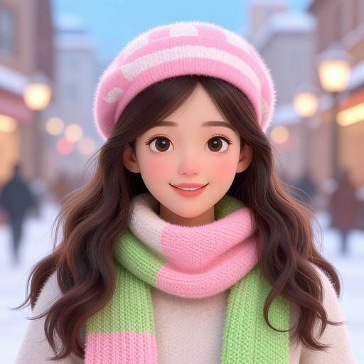 Digital art of a smiling young woman with long brown hair, wearing a pink hat, green and pink scarf, and white coat, in a snowy,