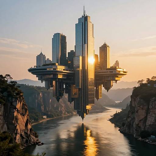 Photograph-style CGI of futuristic skyscrapers hovering above a river at sunset, reflecting golden sunlight, surrounded by rocky cliffs and forest.