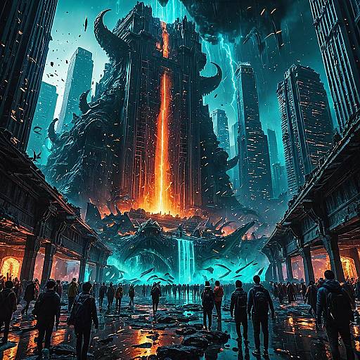 Sunken City Under Siege by Bioluminescent Leviathan