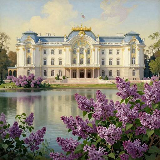 Photograph of a grand, white, neoclassical palace with gold accents, reflected in a calm pond, surrounded by vibrant purple lilac bushes