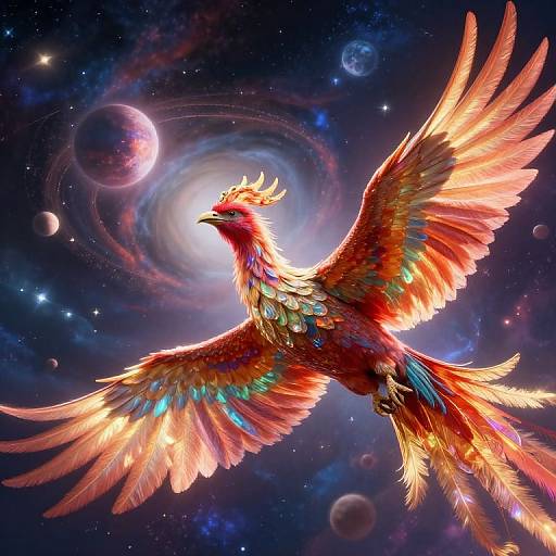 Digital art of a vibrant, red and orange phoenix with glowing feathers soaring through a cosmic, starry night sky with planets.
