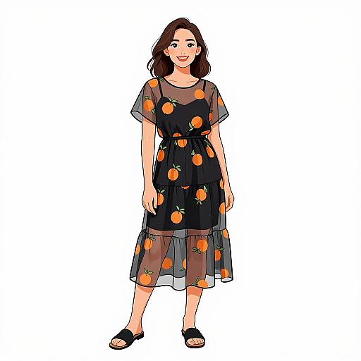 Digital illustration of a smiling woman with shoulder-length brown hair, wearing a black dress with orange tomato prints and sheer sleeves. She stands against a white background