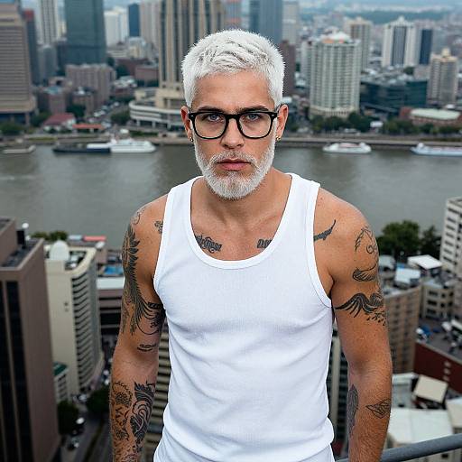Photograph of a tattooed, white-haired, bearded man with glasses, wearing a white tank top, standing against a city skyline with a river